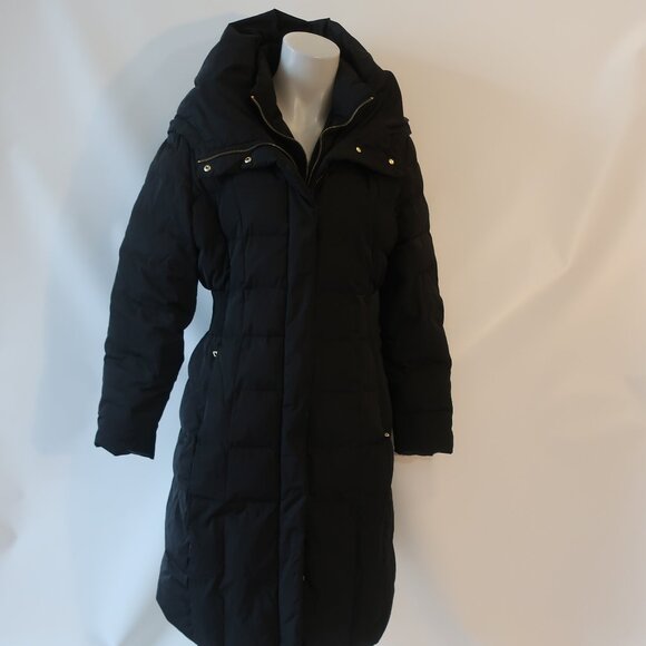 Womens Cole Haan Black Down Cluster With Feather Fill Hooded Midi Puffer Coat L - Picture 2 of 16